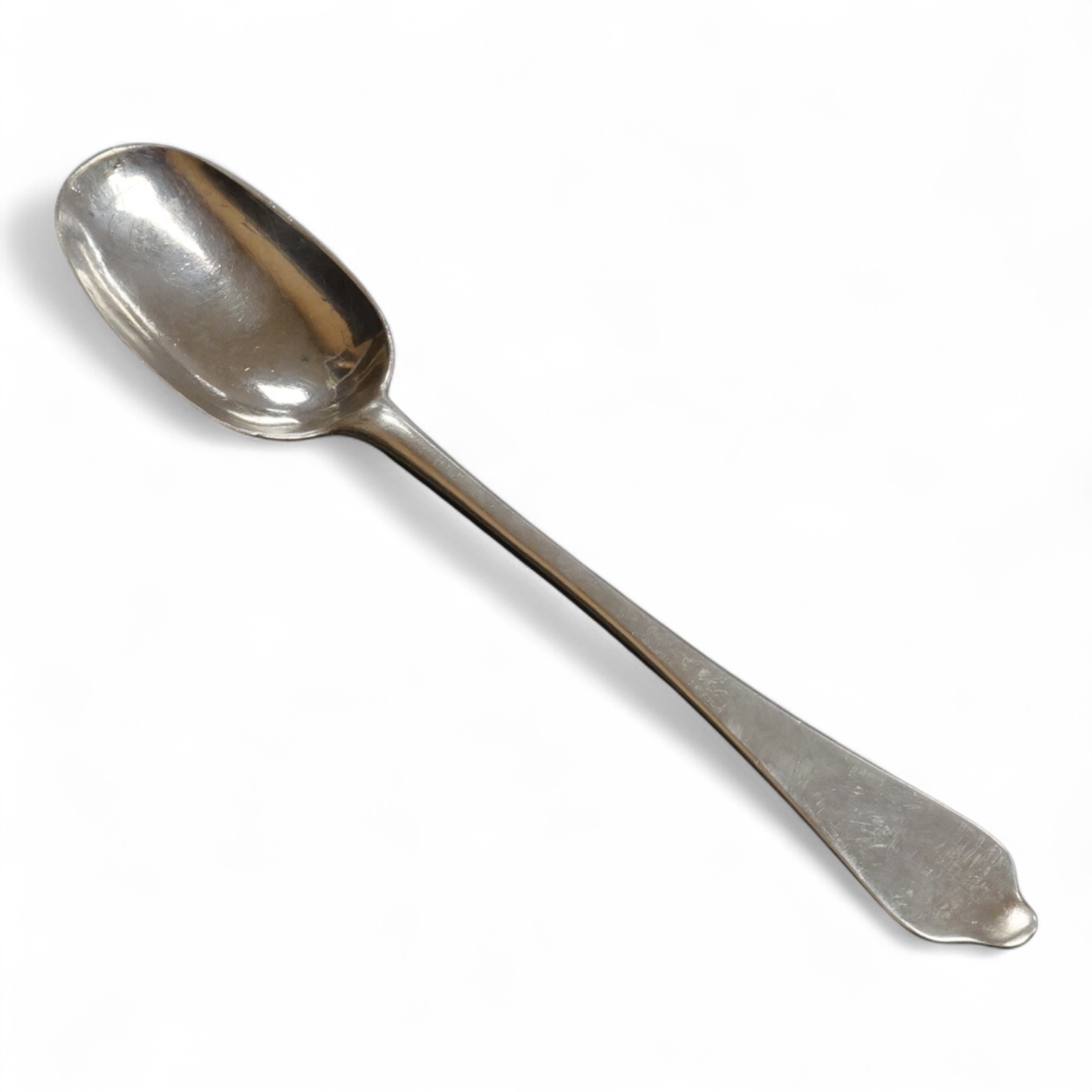 A Queen Anne Britannia standard silver dog nose spoon, indistinct maker's mark, London, 1704, with rat-tail bowl and later? engraved crest, 19.8cm, 63 grams.